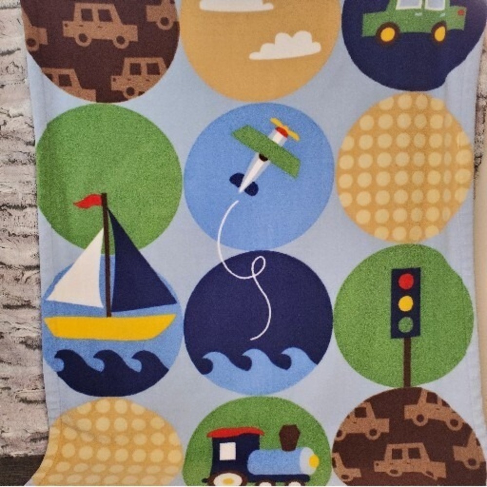 Tiddliwinks Baby Blue Large Dot Transportation Blanket Car Boat Train Plane‎